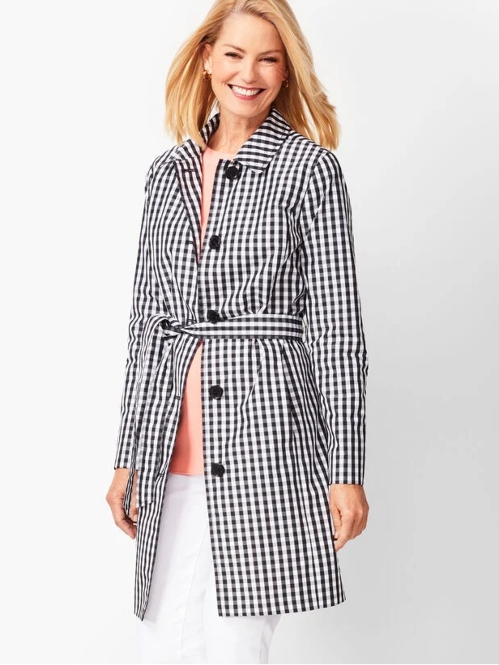 Talbots Blue/White Gingham Belted Trench Coat SZ S Modern Classic Urban Chic